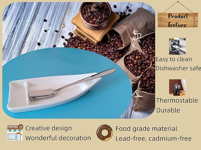 Coffee Stirring Spoon and Rest for Coffee Bar Accessories, Small Spoon Rest for Coffee Station, Coffee Spoon Holder for Coffee Bar Tea Spoon Teaspoon Rest, 1 PC (Oar Spoon with White Boat Rest)