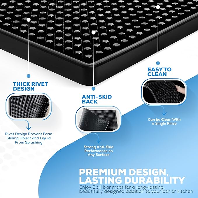 Rubber Bar Mat Set of 2 – 18"x12", Black – Durable, Non-Slip, Non-Toxic Spill & Drying Mats for Bars, Restaurants, Coffee Shops, Countertops & Tabletops