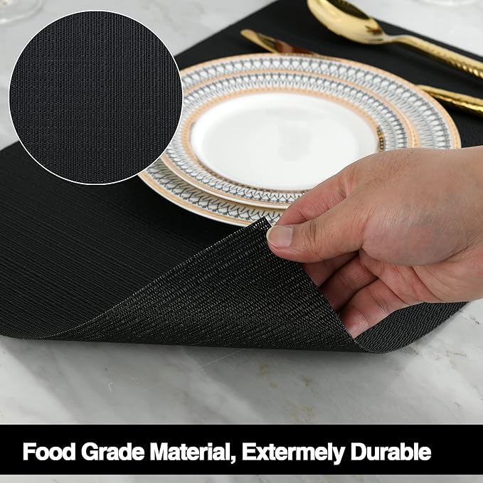 Black Placemats Set of 8 - Easy Clean Washable Vinyl Placemats - Heat Resistant Placemats for Kitchen Table - PVC Table Mats for Dining Table (Pure Black, 8)