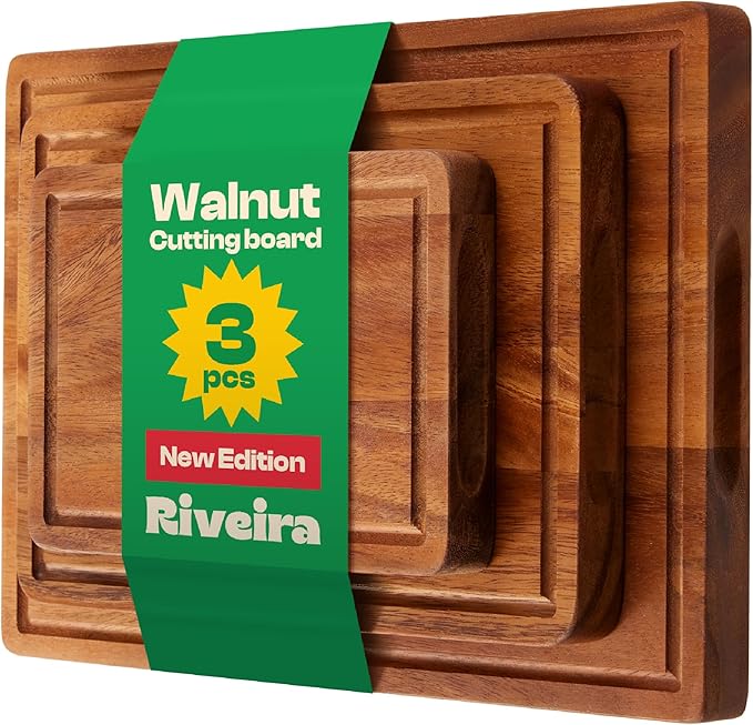 Riveira Walnut Cutting Board Set – Versatile And Durable: Set Of 3 Pcs Rectangular Wooden Cutting Board – Natural Wooden Cutting Boards For Kitchen – Complete Walnut Wooden Chopping Board