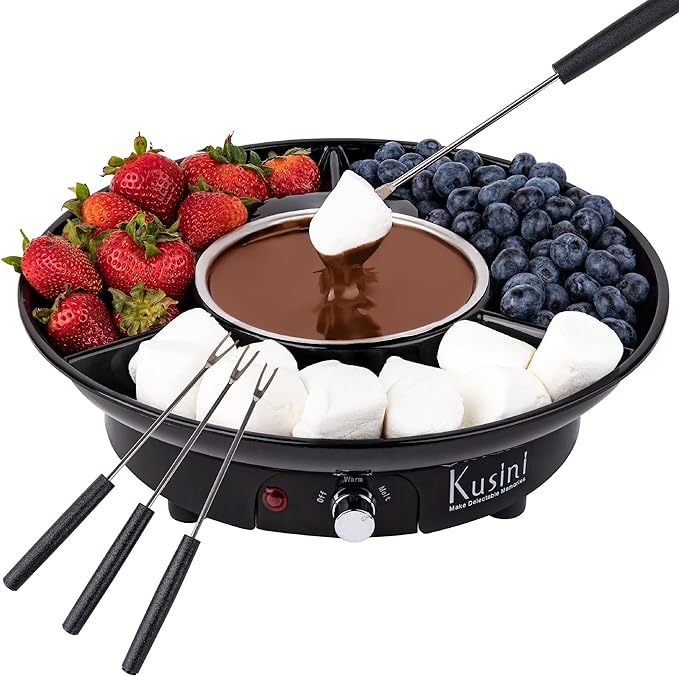 Kusini Electric Fondue Pot Set - Chocolate Fondue Kit - Temperature Control, Detachable Serving Trays, & 4 Roasting Forks - Gift Set & Date Night Idea. Serve at Movie Night or Game Night.