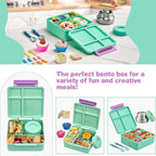 Bento Lunch Box with 9.5 oz Soup Thermo, Kids Leakproof 4 Compartments Bento Box with Silicone Cupcake,Fruit Fork,Spoon and Sauce Cup,Insulated Food Jar for School Travel-Green