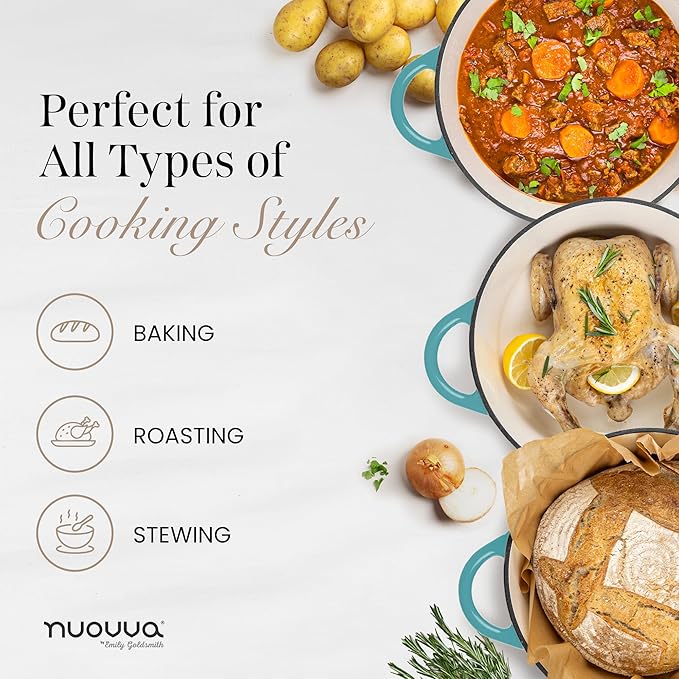 Nuovva Enamelled Cast Iron Dutch Oven Pot with Lid – 6.4 Quart Non Stick Casserole Pot – Heavy Duty & Oven Safe up to 500° F for Bread Baking, Braising, Stews, Roasting – 28cm Teal