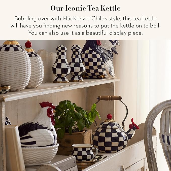 MACKENZIE-CHILDS Enamel Whistling Tea Kettle, Decorative Teapot for Stovetop, Black-and-White Courtly Check