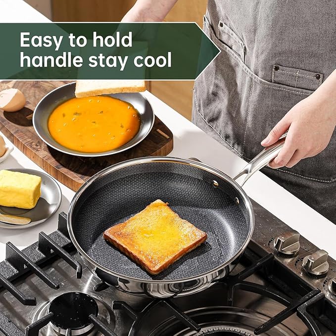 Nonstick 10 Inch Frying Pan, Hybrid Frying Pans Nonstick Stainless Steel Skillets Skillet with Stay-Cool Handle, Dishwasher & Oven Safe, PFOA Free Cookware Compatible with All Cooktops