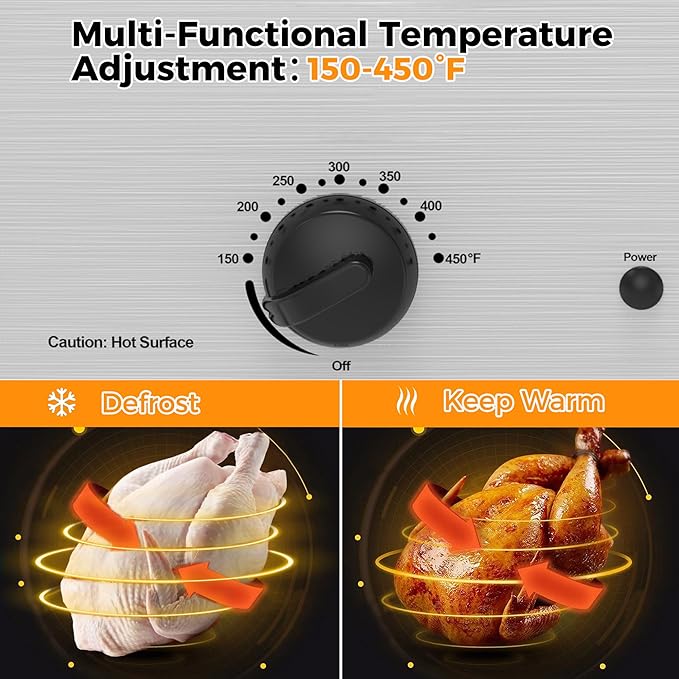 14 Quart Roaster Oven with Self-Basting Lid, Turkey Defrost & Warm Function, Turkey Roasting Pan with Removable Roasting Rack, Adjustable Temperature for Use as a Slow Cooker, Stainless Steel, Silver