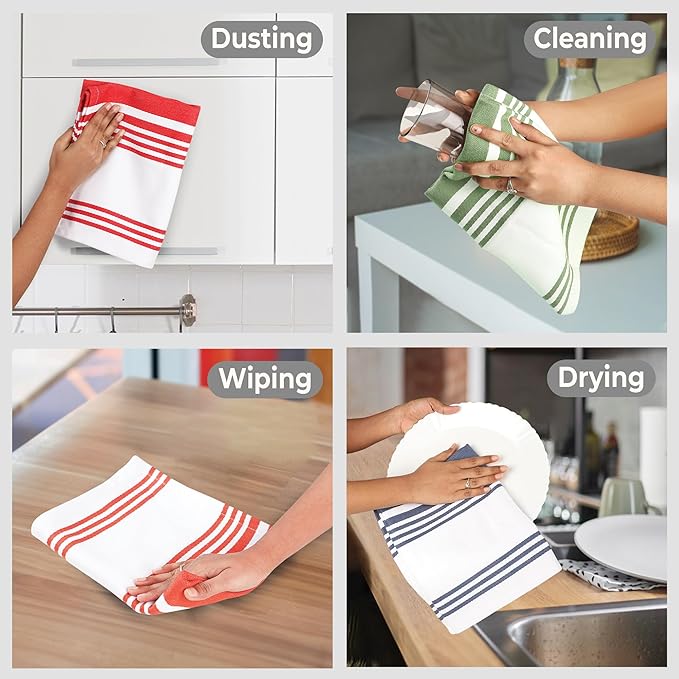 Urban Villa KitchenTowels 100% Cotton Pack of 3 Highly Absorbent Quick Drying Super Soft Premium Dish Towels for Kitchen with Hanging Loop Hand & Tea Towels - 20x30 Inch (Multi Color Striped)