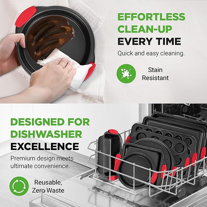 NutriChef 10-Piece Nonstick Kitchen Oven Baking Pans - Premium & Stylish Non-Stick Carbon Steel - Commercial Grade Restaurant Quality Metal Bakeware with Silicone Handles - Easy to Clean, NCSBS10S