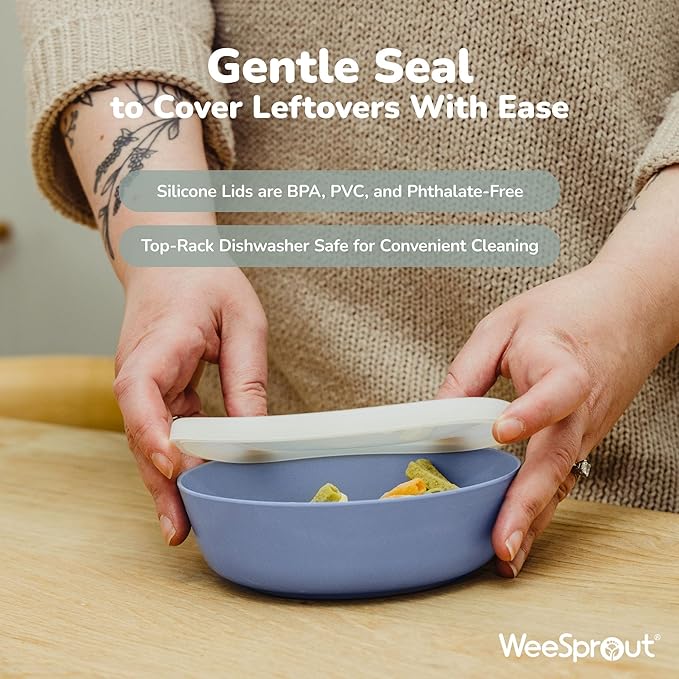 WeeSprout Bamboo Kids Bowls with Lids, Set of Four 10 oz Kid-Sized Dinnerware, Cereal, Leftovers & Snack Bowl, Dishwasher Safe (Blue, Yellow, Orange, & Red)