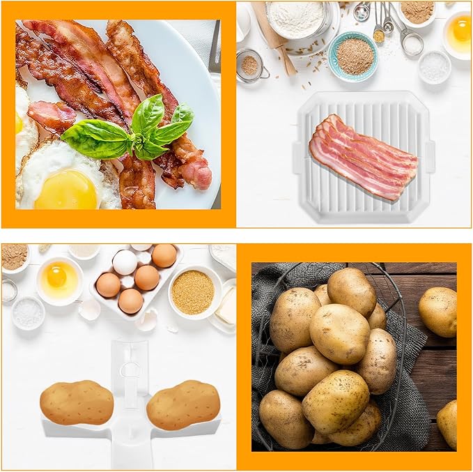 4pcs Microwave Breakfast Set, Including Non-Stick Omelet Maker 2 Cavity Egg Poacher Bacon Baking Tray Potato Rack Easy to Use Microwave Cookware Cooker