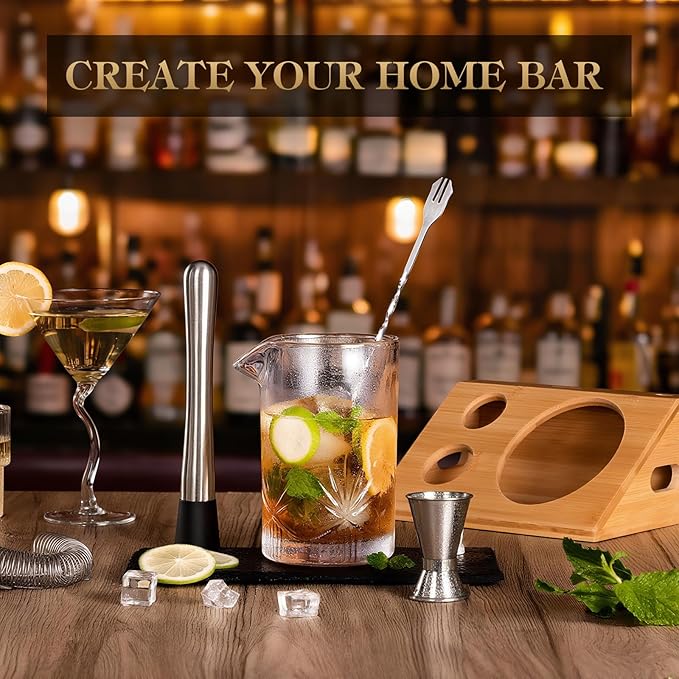 Cocktail Mixing Glass, veecom 6 Piece Crystal Bar Mixing Glass Bartender Set with Bamboo Stand, 18oz Old Fashioned Kit Cocktail Beaker Glass Set with Strainer, Muddler, Spoon, Jigger