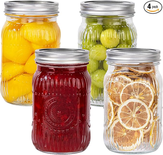 WELLIFE Wide Mouth Mason Jars, 4 Pcs Mason Jars 32 OZ for Preserving,Jam,Honey,Wedding Favors,Sauces,Meal Prep,Salad,Yogurt & Decor