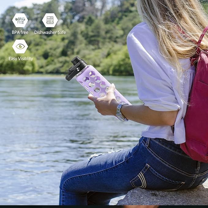 MUKOKO 24oz Glass Water Bottle with 2 Lids-Handle Flip Lid&Bamboo Straw Lid,Motivational Water Tumbler with Time Marker Reminder and Silicone Sleeve, Leakproof-Purple