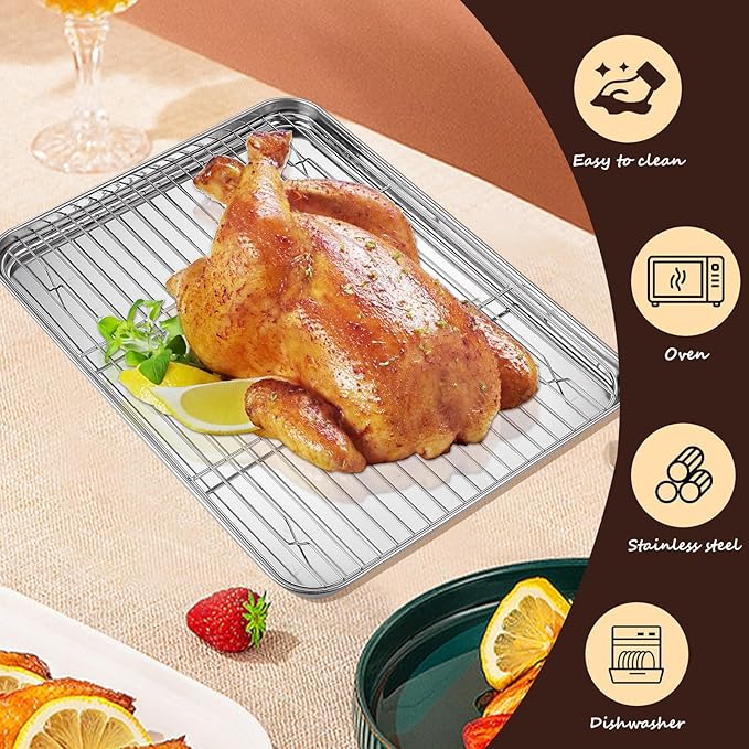 Baking Sheet with Racks Set [2 Sheets + 2 Racks], Stainless Steel Baking Sheets with Cooling Racks, Nonstick Pan, Warp Proof & Rust Proof & Easy to Clean, Size 9.3 X 7 X 1 Inch