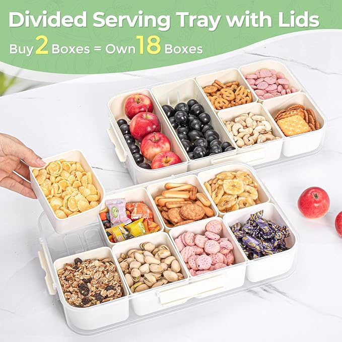 LUXEAR Divided Serving Tray with Lid and Handle 2Pack Snack Box Charcuterie Container Dishwasher Safe 8 Compartment Snack Platters Portable Organizer for Fruits, Candy, Snacks, Picnic, Party&Travel