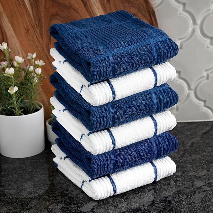 T-fal Solid & Checked Parquet Kitchen Towels: Highly Absorbent, Super Soft Long Lasting - 100% Cotton, 16"x26" Dish Towels for Cleaning & Drying Dishes, Pans, Glassware, Countertops, 6-Pack, Blue