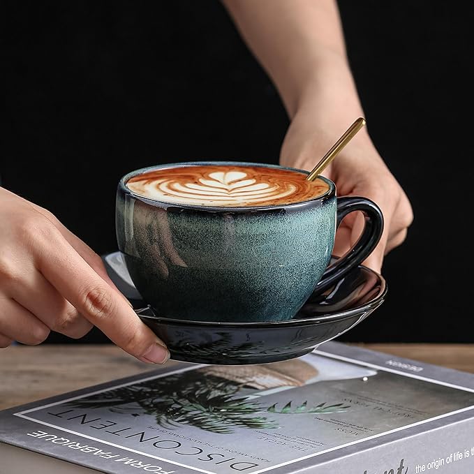 Porcelain Coffee Cup with Saucer Spoon, Vintage Design Ceramic Latte Art Cappuccino Barista Espresso Tea Cup with Saucer (11.6 oz, 350ml, Mist Green)