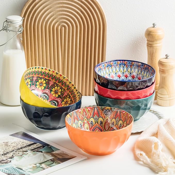 Cereal Bowls Set of 6, Bohemian Soup Bowls, 30 oz Colorful Ceramic Serving Bowls for Kitchen, Breakfast, Boho Decorative Bowl, Microwave Oven Safe Bowl for Salad, Pasta, Oatmeal