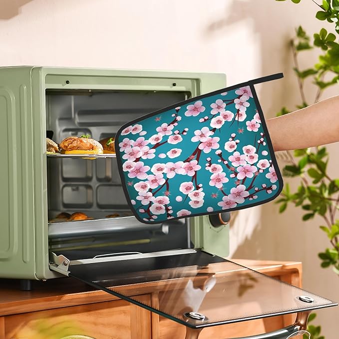 Spring Flowers Pot Holders Set of 2 Heat Resistant Potholders,Cherry Blossom Fire Oven Hot Pads for Kitchen Cooking Baking Barbecue