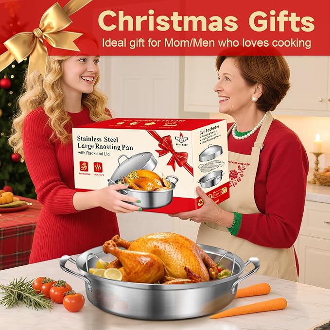 Roasting Pan, 21x13x11 Inch, Silver, Rectangular, Stainless Steel, 25LB Capacity, Turkey & Chicken Roaster with Rack and Lid