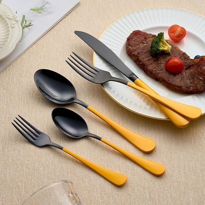 20-Piece Black Silverware Set 18/0 Stainless Steel Silverware Set Yellow Handle Cutlery Set Service for 4 Dinner Knives Forks Spoons Set Flatware Set Finish Dishwasher Safe（Black and Yellow）