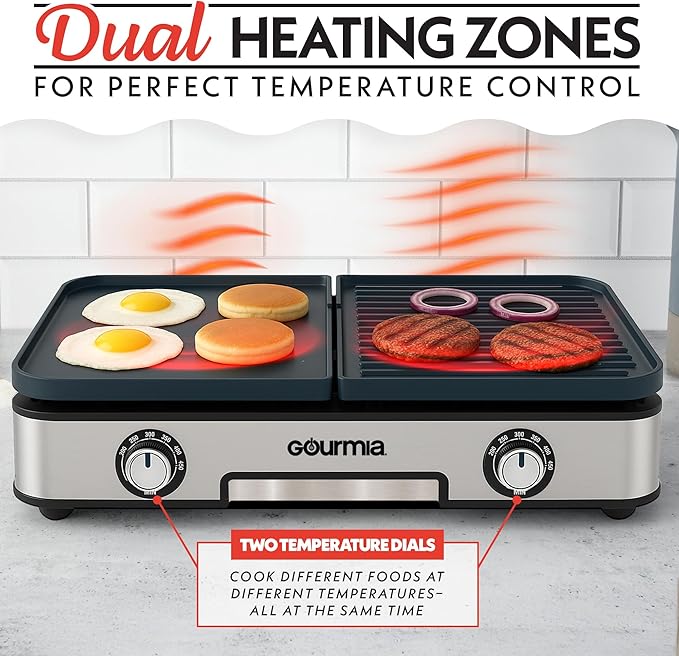 Gourmia 3-in-1 Indoor Grill/Griddle Electric Combo - 250-400°F Adjustable Dual Cooking Zones with Removable Nonstick Reversible Ceramic Plates - Non Toxic Dishwasher Safe Countertop Kitchen Appliances