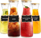 Set of 4 Circular Glass Carafe, 1 Liter Beverage Serveware Carafe with Bamboo Lid, Water Bottles, Clear Glass Pitchers for Mimosa Bar, Milk, Juice, Lemonade(4 Bottles)
