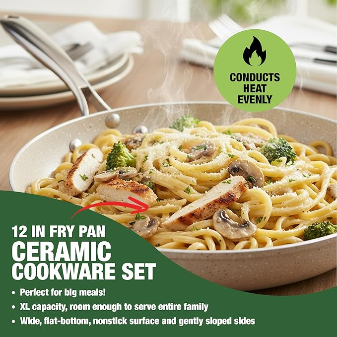 Granitestone 3pc Non Stick Frying Pans Set, 8,10,12 inch Ceramic Frying Pan Skillet Set, Non Toxic Frying pans Nonstick for Cooking, Induction Ready, PFAS & PFOA Free, Oven & Dishwasher Safe - Beige