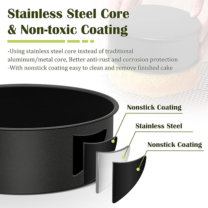 E-far 8 x 3 Inch Cake Pan Set of 2, Nonstick Stainless Steel Round Cake Pans Tin for Baking Birthday Wedding Layer Cakes, Stainless Steel Core & Non-toxic Coating, Deep & Straight Side