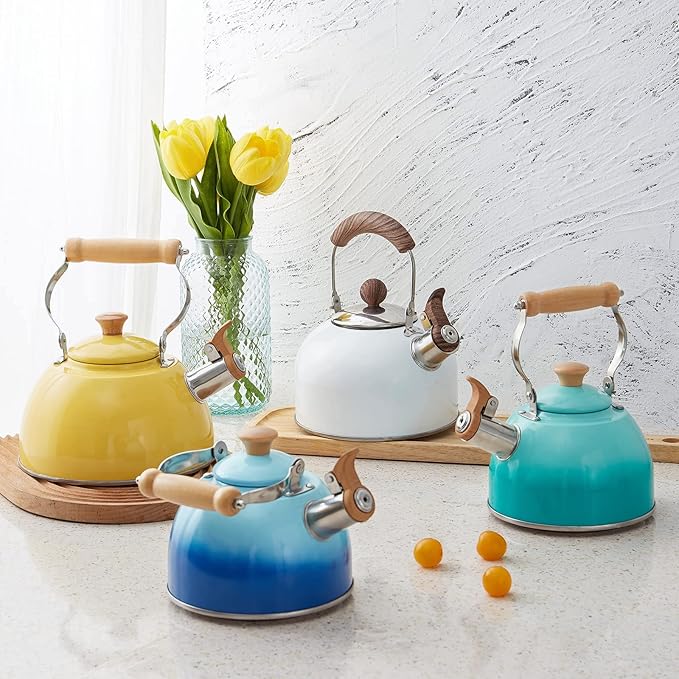 ROCKURWOK Tea Kettle, Tea Pot with Cool Touch Ergonomic Handle, Teapot Food Grade Stainless Steel, Tea Kettle Stovetop, Kettle Teapot, Whistling Tea Kettle, Small Tea Pot, 1.6 Quart (Blue)