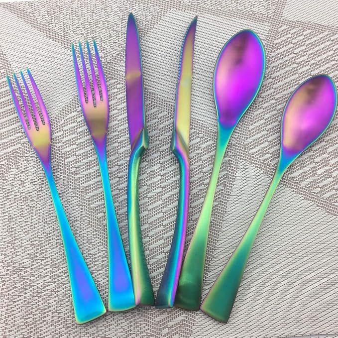 Rainbow Silverware Set, 24-Piece Stainless Steel Flatware Set Service for 4, Tableware Cutlery Set for Home and Restaurant, Knives Forks Spoons, Matte Finish, Dishwasher Safe (Rainbow)