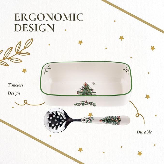 Spode Christmas Tree Cranberry Sauce Serving Dish with Slotted Spoon (8"x 4.25") - Rectangular Holiday Server with Holiday Motif - Dishwasher, Microwave, Freezer Safe Serveware for Entertaining