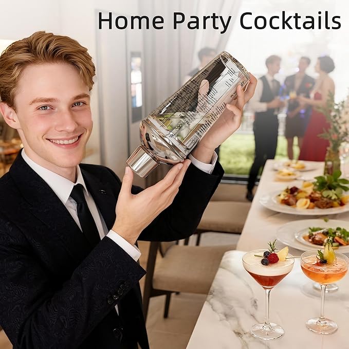 Glass Cocktail Shaker, with Recipes and Measurements 20oz, Built-in Strainer and Leakproof Seal, Clear Bar Tool for Margaritas, Martinis
