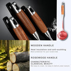 18/10 Stainless Steel Kitchen Utensils Set with Wooden Handle, 6 PCS Professional Cooking Utensils Set 15”, Wok Spatula, Ladle, Skimmer, Slotted Spatula Turner, Spaghetti Spoon, Large Spoon