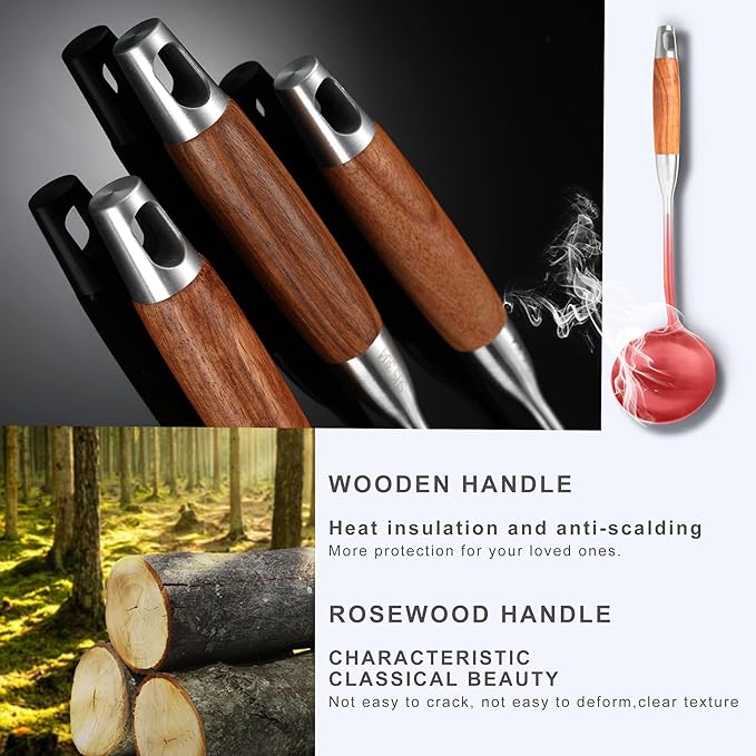 18/10 Stainless Steel Kitchen Utensils Set with Wooden Handle, 6 PCS Professional Cooking Utensils Set 15”, Wok Spatula, Ladle, Skimmer, Slotted Spatula Turner, Spaghetti Spoon, Large Spoon