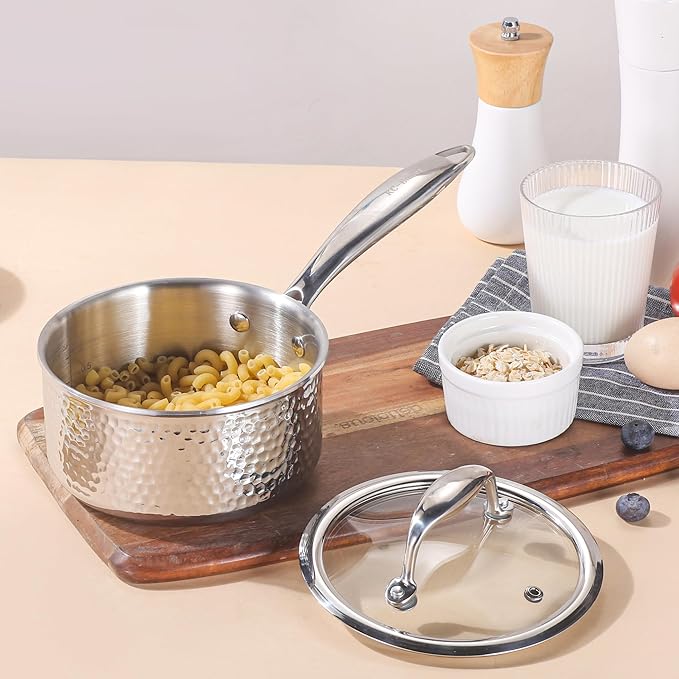 1-Quart Saucepan with Lid, Tri-Ply Stainless Steel Pot with Stay-Cool Handle & All Cooktop Compatibility (Gas, Ceramic, Electric) - Silver Hammered
