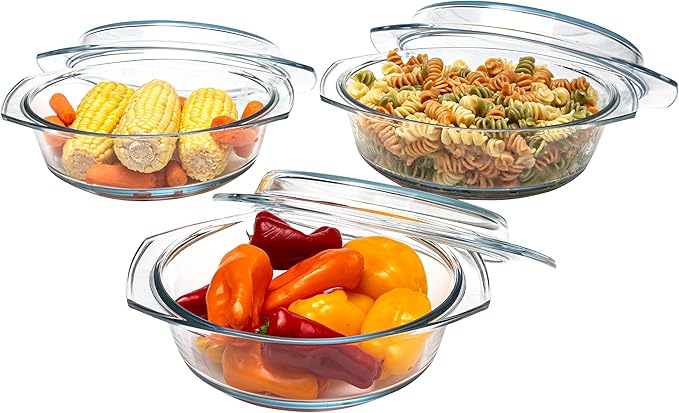 Simax Casserole Dish Set with Lid, Round Glass Cookware, Borosilicate Glass, Made In Europe 1 Qt, 1.5 Qt and 2 Qt Baking Dishes, Set of 3