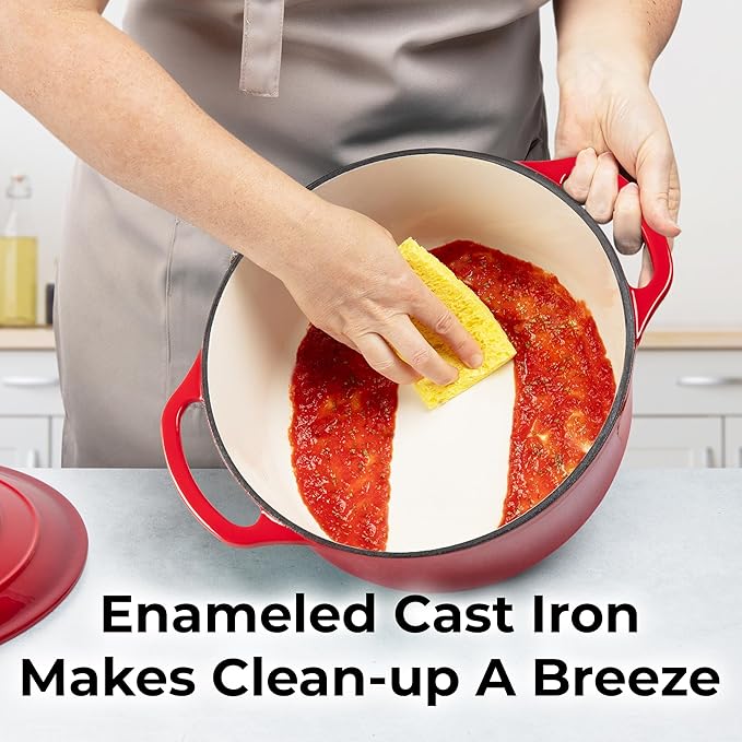 Zulay Kitchen 7.7 Quart Enameled Cast Iron Dutch Oven with Lid, Silicone Trivet & Heat Pad – Premium Durability & Oven Safe up to 500°F – Heavy Duty Cookware Perfect for Bread Baking, Stews, Braising & Roasting – Red