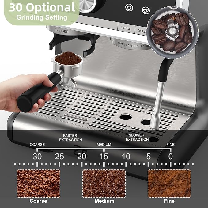 Semi-Automatic Espresso Machine, 20 Bar Professional Coffee Maker with Grinder, 1450W Fast Heating, 30 Grind Settings, Milk Frother Steam Wand, 2.8L Water Tank,Home & Kitchen Espresso Machines, Silver