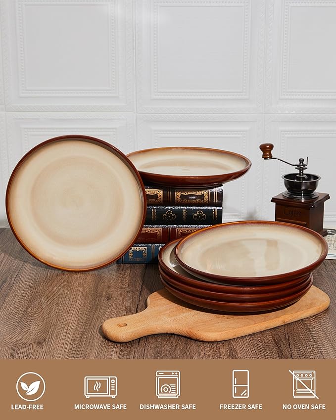 10 Inch Dinner Plates Set of 6, Stoneware Round Salad Dessert Plates, Serving Plates, Microwave & Dishwasher Safe, Brown and Yellow