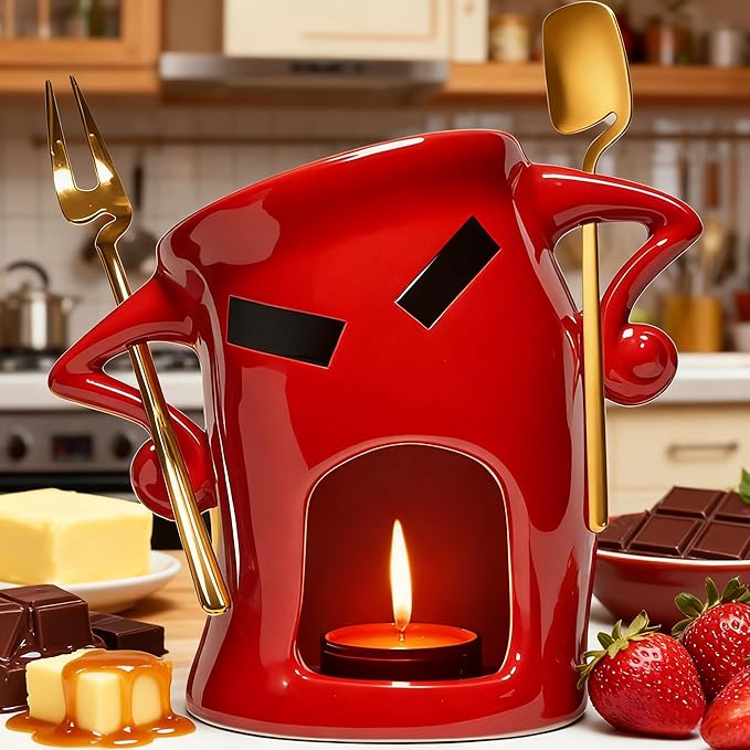 Ceramic Fondue Cup Set w/Built-In Fork & Spoon - Mini Chocolate/Cheese Fondue Mug | Microwave & Dishwasher Safe | Compact Gift-Ready (Red)