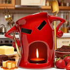 Ceramic Fondue Cup Set w/Built-In Fork & Spoon - Mini Chocolate/Cheese Fondue Mug | Microwave & Dishwasher Safe | Compact Gift-Ready (Red)