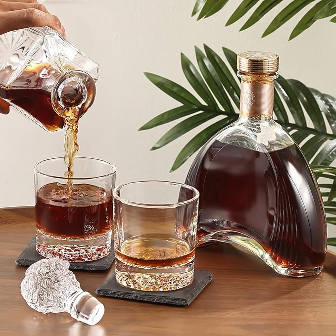 Whiskey Decanter Set with Wooden Box Artistic 25.4 oz Decanter + 2x10 oz Glasses | 304 Stainless Steel Whiskey Stones, Slate Coasters, Tongs & Pouch | Gift for Men, Husband, Dad, Weddings