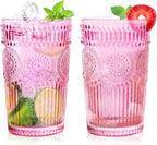 6pcs Vintage Drinking Glasses Set, 12 oz Pink Highball Glasses, Embossed Ribbed Glassware Cups for Cocktail, Water, Juice, Coffee, Whiskey