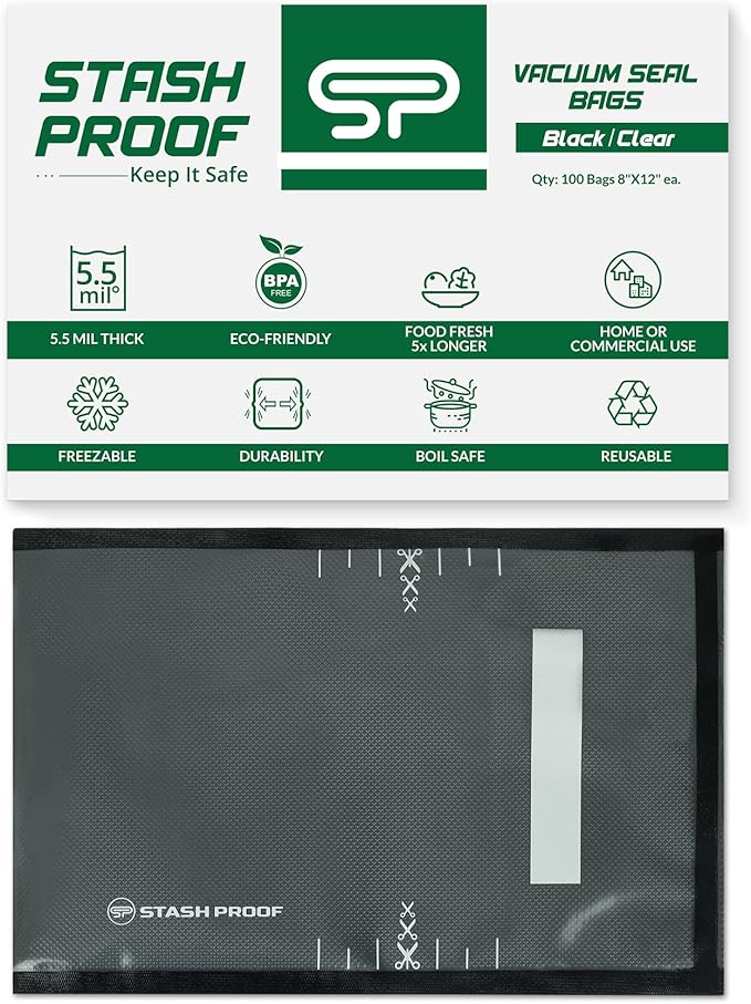 Vacuum Seal Bags 8" x 12" (100 Count) 5.5 Mil (Black and Clear) - BPA Free Commerical Grade Food Saver for Storage, Sous Vide, and Meal Prep Sealer Bag
