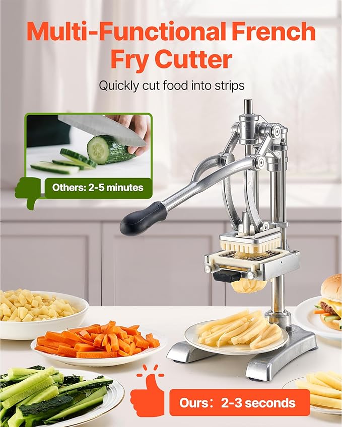 VEVOR Commercial French Fry Cutter, Stainless Steel Vegetable Fruit Chopper with 3 Replacement Blades 1/2-Inch 3/8-Inch 1/4-Inch, and a Juicing Blade, Manual Potato Slicer Dicer for Restaurants & Home