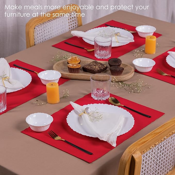 Chinese Red Placemats Set of 6, Cotton Ribbed Tabletop, Non-Slip Wrinkle Free Kitchen Table Mats for Dining Table, 13x19 Inch