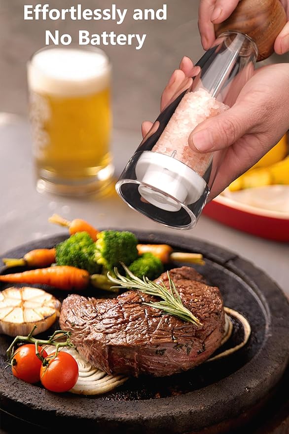 Premium Manual Crystal Pepper Salt Grinder. Environmentally Friendly Adjustable Wooden Top Grinder with Ceramic Core. Visually Transparent Acrylic Body with 3.5oz Capacity (6 ")