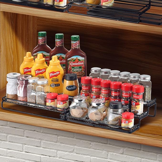 GONGSHI Spice Rack Organizer for Cabinet, Pantry and Countertop, 3 Tier Expandable Seasoning Shelf, Black