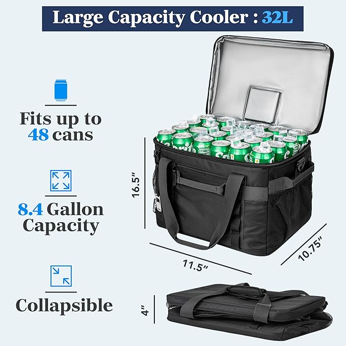 OPUX Cooler Bag, 48 Cans Insulated Soft Collapsible Portable Cooler, Soft Sided Leakproof Cooler for Beach Camping with Shoulder Strap, Ice Chest for Travel Road Trip Picnic, Black